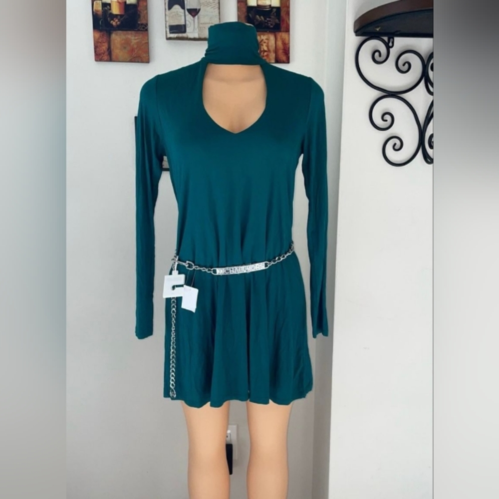 NWT Green Cut Out Long Sleeve Mini Dress Size L BELT NOT INCLUDED